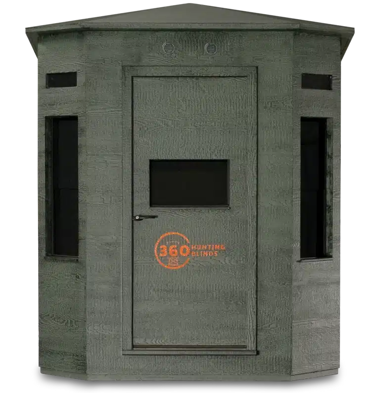 Green hunting blind with a door and window openings, front view.