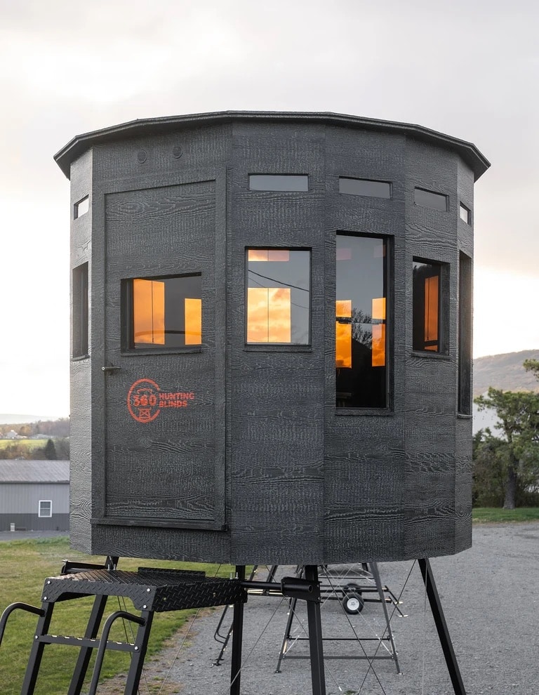 360 Pro XL hunting blind in black exterior with multiple windows, side view