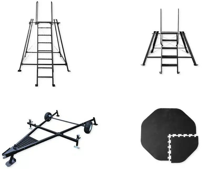Various hunting blind components including a ladder stand, trailer frame, and blind base in black color, top view.